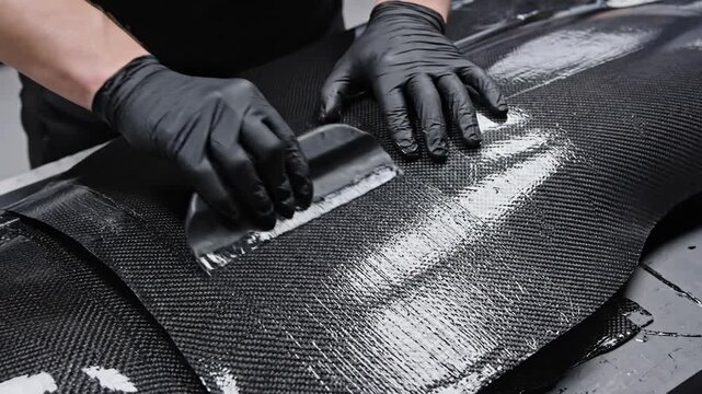 Worker in black gloves applying epoxy resin to carbon fiber fabric with a spreader, creating a smooth surface for composite manufacturing