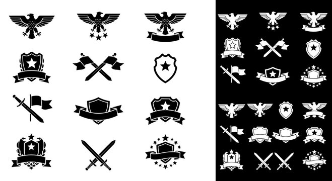 Set of Military and Heraldic Emblems with Eagles Shields and Swords