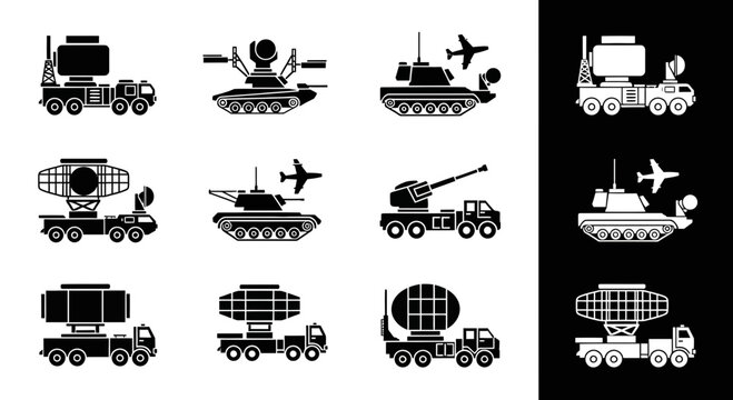 Military Radar and Anti-Aircraft Defense System Icons Set