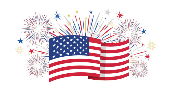 American flag waving with colorful fireworks exploding in the background on a white background.