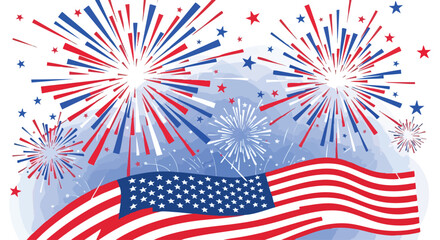 Obraz premium Illustration of red white and blue fireworks exploding behind a waving American flag with stars on a light blue background.