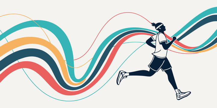 Dynamic illustration of a runner in motion with fluid colorful ribbon wave composition