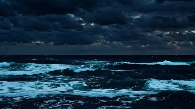Stormy ocean waves under dark clouds