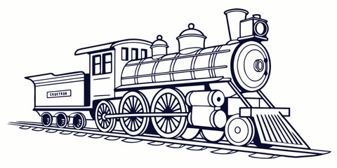 Side view of a vintage steam locomotive train engine in line art style, isolated on white background, illustration for coloring book, nostalgic transportation icon. © Icon Set
