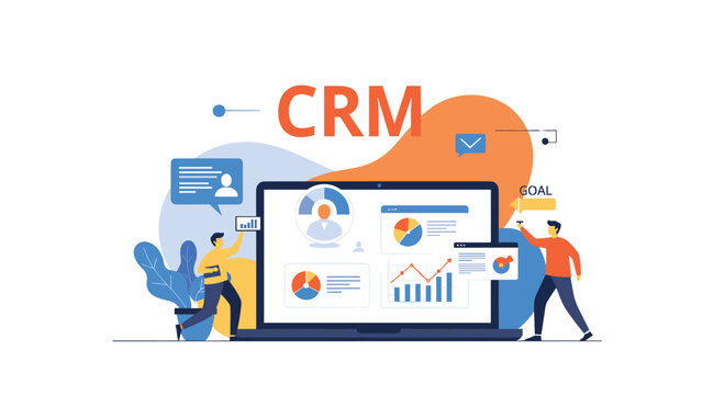 Professionals managing customer relations through a CRM software dashboard on a laptop with data visualizations and growth goal indicators.