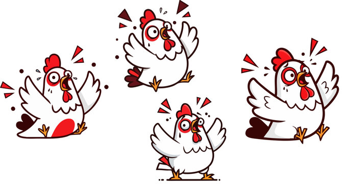 PrintA set of four adorable cartoon chickens displaying various expressions of shock, surprise, and absolute alarm, perfect for conveying humorous or unexpected situations in a playful and engaging ma