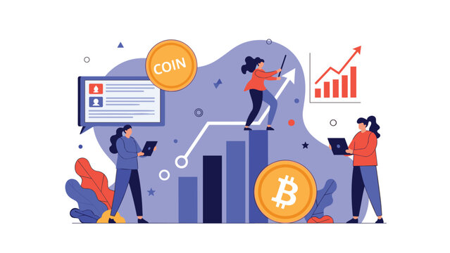Business team analyzing cryptocurrency market trends and financial growth using bar charts and large bitcoin coin icons on a blue backdrop.