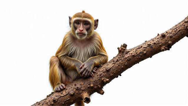 A young monkey sits thoughtfully on a textured tree branch, isolated against a bright background