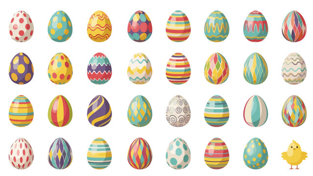 Large grid of various patterned and colorful Easter eggs with a tiny yellow chick in the corner for a fun festive holiday background image.
