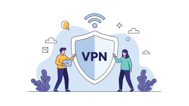 Male and female characters standing next to a large security shield with vpn text for virtual private network protection.