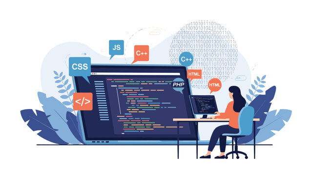 Female software developer working at a computer surrounded by floating bubbles of different programming languages.