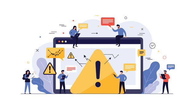 Concept of software developers and users dealing with system errors and warnings displayed on a large computer screen with alert icons.