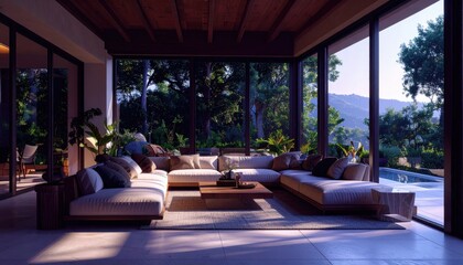 Obraz premium Modern Luxury Living Room with Open Concept Design Overlooking a Tropical Garden and Swimming Pool at Twilight or Dawn
