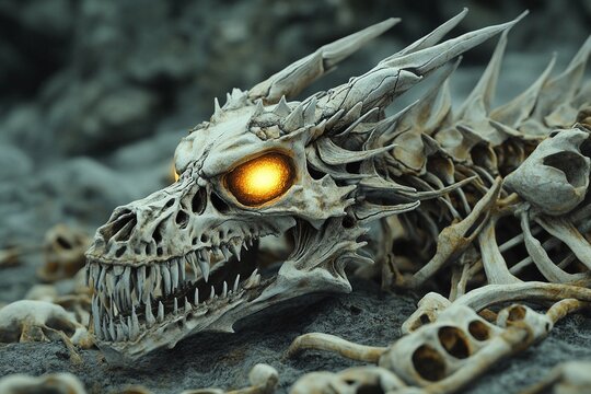 Skeletal dragon skull with glowing eyes resting on rocky landscape at dusk