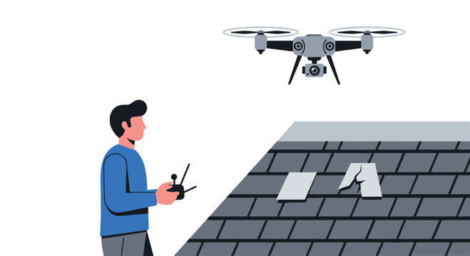 A man operates a drone to inspect a damaged dark grey tiled roof on a white background.