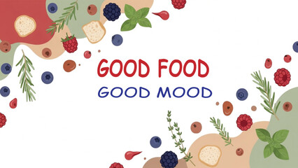 Flat lay berry and herb vector background, Good Food Good Mood typography banner, organic fruit and botanical frame for healthy lifestyle © parveen