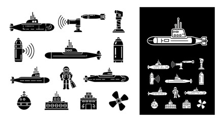 Obraz premium Submarine and Underwater Military Equipment Icon Set