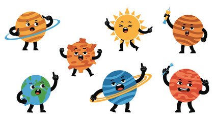 Naklejka premium Collection of cute cartoon characters representing the planets of our solar system with happy faces and expressive gestures.
