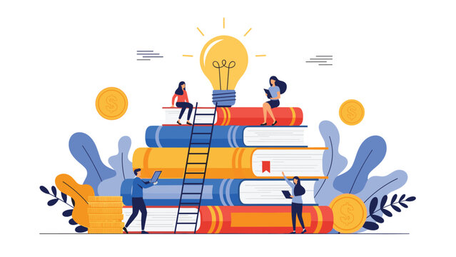 Education and wealth building concept with people climbing a large stack of books towards a glowing lightbulb idea and coins.