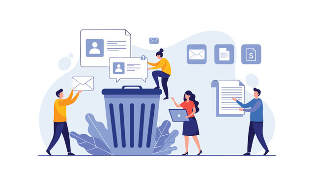 Data management team throwing digital documents and user profile files into a large trash can for privacy and security.