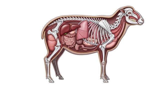 Anatomical illustration of sheep internal organs skeleton musculature and external body.