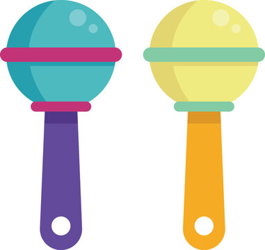 Colorful baby rattle toy illustration in a clean minimal style, representing infant play, childcare, and early childhood development.