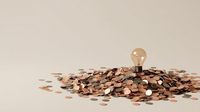 Glowing incandescent bulb rests atop a scattered pile of metallic currency on a neutral surface