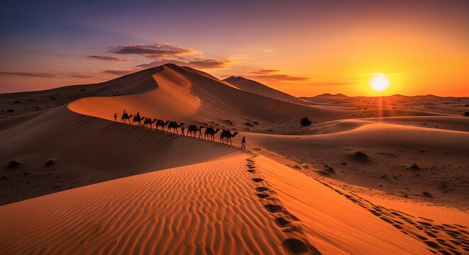 Sunset Over Thar Desert Dunes with Camel Silhouettes