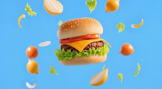 Cinematic slow motion floating 3D burger with suspended ingredients, smooth pivot camera movement, ideal food footage for advertising, branding, and creative design visuals.