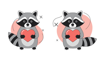 Fototapeta premium Two cute cartoon raccoons standing side by side while holding red hearts to express love and friendship for valentines day.