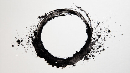 Abstract black ink circle with splatters on white background, resembling Zen Enso symbol, conveying simplicity and balance.