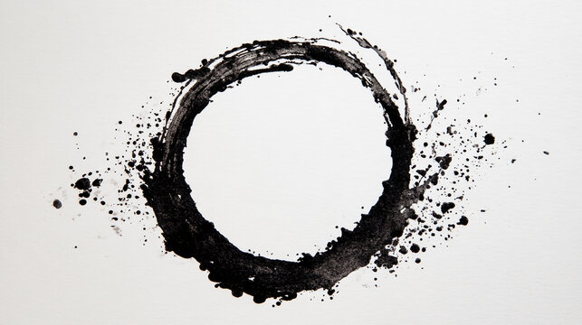 Abstract black ink circle with splatters on white background, resembling Zen Enso symbol, conveying simplicity and balance.