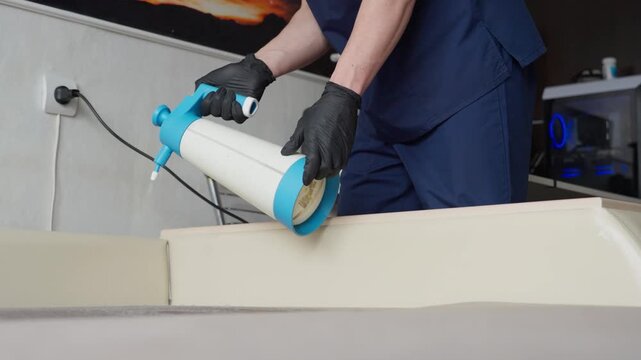 White Man Spraying Along Sofa Edge And Seam, Steady Hand Guiding Nozzle, Black Gloves, Modern Room Background With Electronics, Focus On Seam Saturation And Controlled Product Application