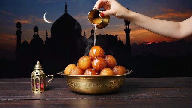 Pouring Syrup on Gulab Jamun Dessert with Mosque Silhouette Background at Dusk