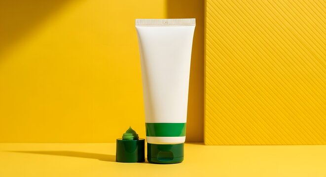 White cosmetic tube with green cap on yellow background, studio shot