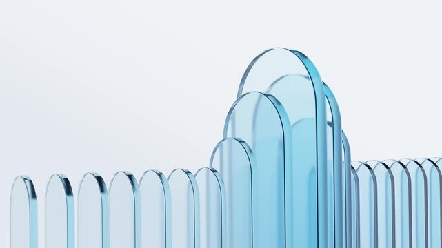 Sliding blue glass arches looping across white minimal 3D background