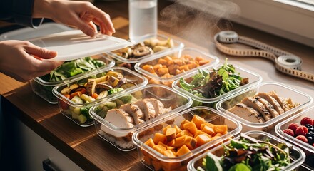 Obraz premium Prepared meal prep containers filled with colorful healthy food are being arranged high quality professional detailed modern elegant stylish clean crisp vibrant digital creative innovative