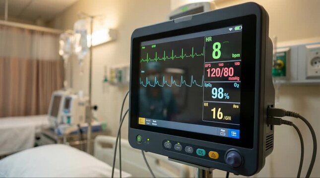 Hospital monitor displaying vital signs in medical environment