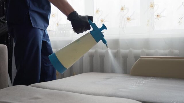 White Man Misting Wide Sofa Surface With Cleaning Solution, Sweeping Motions Across Cushions, Natural Window Light, Gloved Hands, Aim For Even Deodorizing And Stain Prevention, Calm Professional