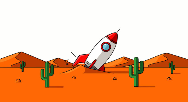 a cartoon rocket spaceship crash landing in a vast desert landscape with sand dunes and green cacti depicting a failed mission or emergency