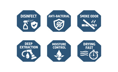 Obraz premium A set of six blue octagon icons for disinfection, antibacterial protection, smoke odor removal, deep extraction, moisture control, and fast drying.