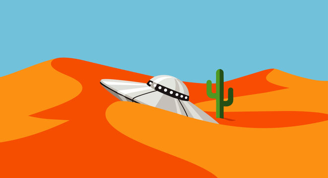 a crashed ufo flying saucer buried in desert sand dunes with a saguaro cactus under a clear blue sky