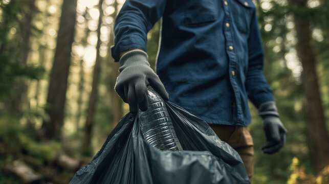 Man picking up plastic bottle in forest. Volunteer cleaning nature for Earth Day. Recycling concept, waste management, environmental protection and ecology preservation in woodland.