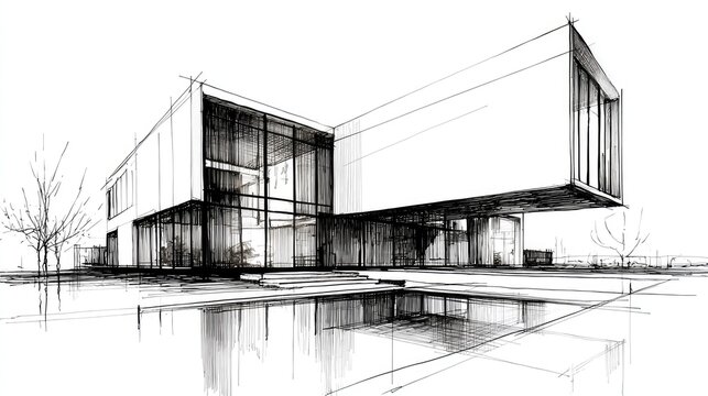 Architectural concept sketch depicts a modern, boxy residence featuring extensive glass surfaces and a cantilevered upper section reflected in a foreground water feature.
