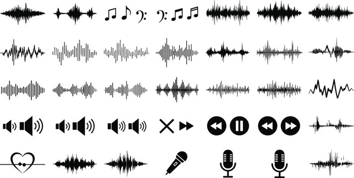 Audio Sound Wave Vector Set Featuring Music Equalizers Radio Frequency Waves Microphone Icons and Player Buttons for Podcast Recording and Studio