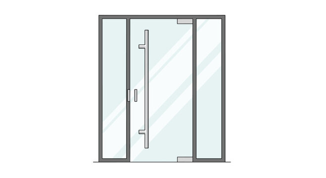 A modern glass double door with a long silver handle is flanked by two glass panels within a dark frame on a white background.