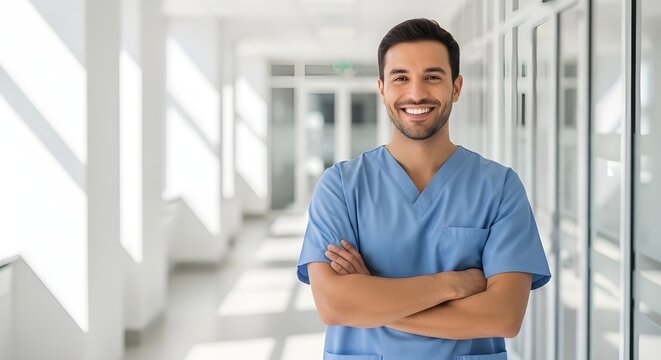 Enfermera, cara o brazos cruzados en una cl&iacute;nica hospitalaria con motivaci&oacute;n de bienestar, confianza en investigaci&oacute;n m&eacute;dica o motivaci&oacute;n de planificaci&oacute;n quir&uacute;rgica.
 Retrato, sonrisa o trabajador sa