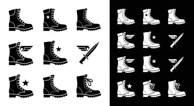 Military Boots and Dagger Icons Set