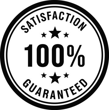 Black and white circle seal with 100 percent satisfaction guaranteed text, quality assurance badge with stars, isolated on white background, vector