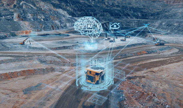 Ai controlled haul truck with digital network overlays in open pit mine for industry presentation background and smart mining intelligence assistant cloud